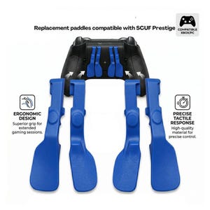 May include: Blue replacement paddles for a SCUF Prestige controller, designed for Xbox/PC. The image shows the paddles with the text "ERGONOMIC DESIGN" and "PRECISE TACTILE RESPONSE".