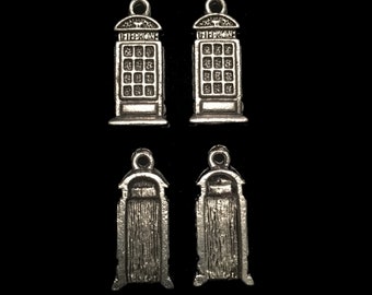 4 Silver Police Box Charms (qb34)