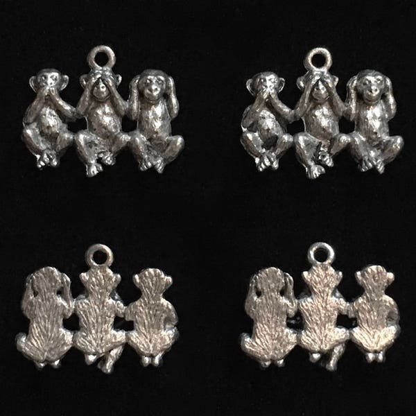 4 Silver Pewter Monkey Charms, Trio of Monkey Charms, Hear No Evil Charms, See No Evil Charms, Speak No Evil Charms (qb104) - New Charm