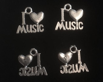 4 Silver Pewter I Love Music Charms, Music Charms, Musician Charms, Heart Charm  (qb144)