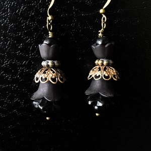 Black Trumpet Flowers, Czech Glass Flowers, Glass Beads & Brass Earrings, Black Earrings, Pure Black Earrings, Black Flower Earrings (B17)