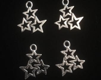 4 Silver Pewter Star Charms, Patriotic Charms, Trio of Stars Charms  (qb132)