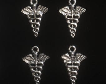 4 Silver Pewter Caduceus Charms, Medical Charms, Nurse Charms, Medical Symbol Charms  (qb134)