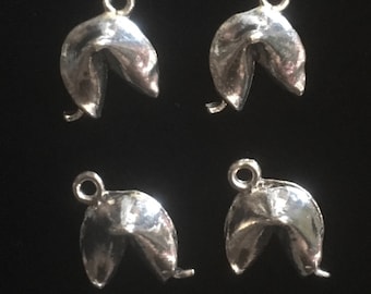 4 Silver Pewter Fortune Cookie Charms, Chinese Food Charms, Food Charms  (qb148)