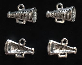 4 Silver Pewter Megaphone Charms, Cheerleader Charms, Sports Charms  (qb123)