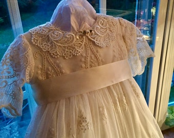 Valentina, ivory english lace christening gown, dress , hat, bib.