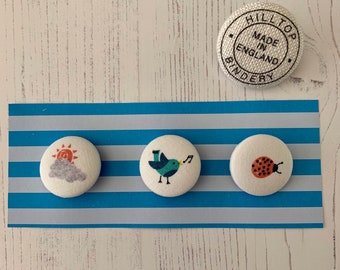 Set of 3 Tweeting Bird,  Ladybird and Sunshine fabric brooches - pin badge