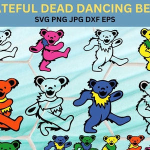 Peut inclure: Un ensemble de dix illustrations d'ours dansants dans différentes couleurs, notamment le bleu, le rouge, le vert, le jaune et le rose. Les ours sont tous dans une pose similaire, les bras tendus et les jambes pliées. Les ours portent tous un collier avec une étoile. Les ours dansent tous en cercle.