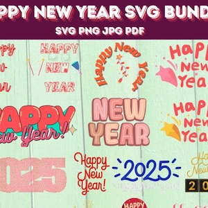 Bonne année 2025 Clipart - 26 illustrations festives PNG, célébration artistique, téléchargement numérique instantané, usage commercial illimité pour l'artisanat