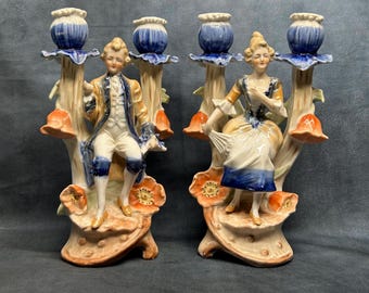 Pair of Late 19th Century Victorian Continental Porcelain Figurine Candle Holders