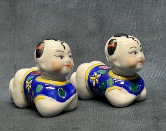 Vintage Pair of Chinese Porcelain Chopstick Rests, Vintage Porcelain Chinese Baby Pillow - Blue