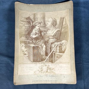 May include: A black and white engraving of a sculpture depicting a young child holding a tool and standing next to a bust of a man. The engraving is titled "SCULPTURE" and is signed "A. OUDRY, Editeur, 108, Rue St. Honore, Paris."