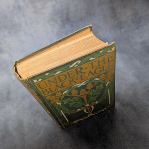 May include: An antique book titled "Under the Black Eagle" with a green cover featuring botanical illustrations and gold lettering. The book's pages are aged, with a warm, golden hue. The cover design includes stylized leaves and berries.