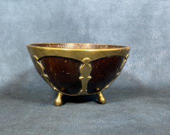 Antique Early 19th Century, Coconut Shell with Brass Surround / Holder, 3 Footed Brass Cup Holder with Coconut Shell Cup Inside, Moroccan
