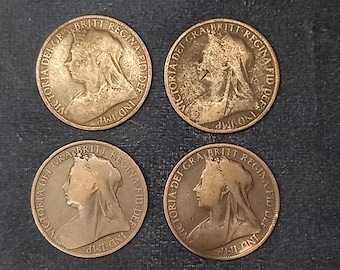 Queen Victoria One Penny Coins, Four Antique Coins, Copper 1 Penny Coins, Antique Coins, Victorian Coins, Old English Coins c1890's