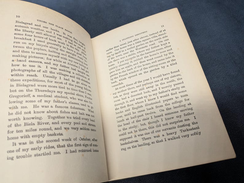 May include: Open book with text on aged paper. The left page displays the number 10 and the title "UNDER THE BLACK EAGLE." The right page shows the number 11 and the title "A WANDERLESS DISCOVERY."