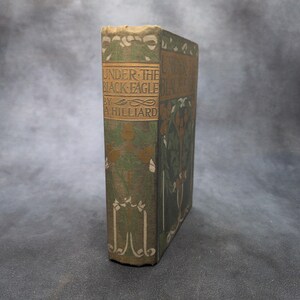 May include: A vintage book titled "Under the Black Eagle" by A. Hilliard. The book has a green cover with gold and white decorative elements. The title is in gold lettering, and the book appears to be in good condition.