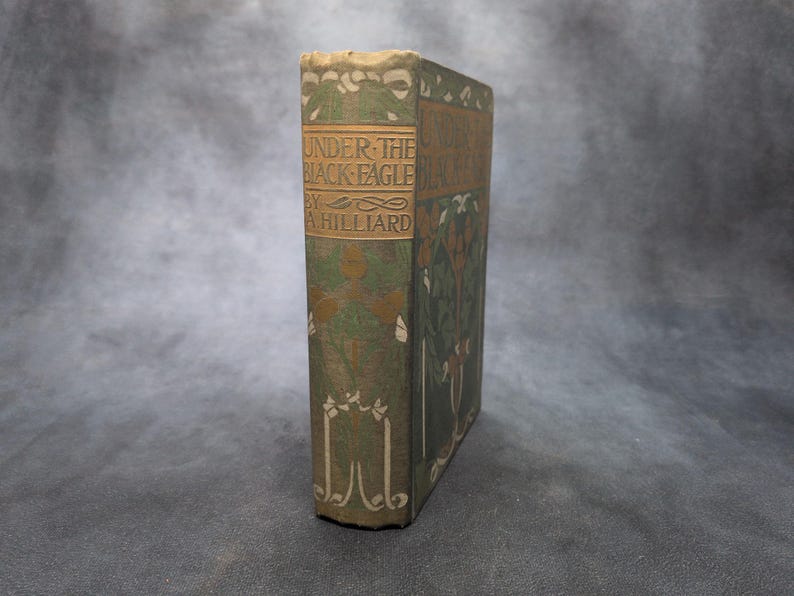 May include: A vintage book titled "Under the Black Eagle" by A. Hilliard. The book has a green cover with gold and white decorative elements. The title is in gold lettering, and the book appears to be in good condition.