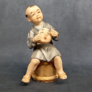 Child Sitting With a Mask, Vintage Chinese Porcelain Figurine, Bisque Porcelain