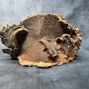 Pode incluir: Uma escultura de cerâmica áspera e texturizada com um esquema de cores marrom, cinza e branco. A escultura tem uma forma abstrata e orgânica.