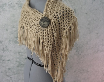 Crochet Pattern Womens Shawl Triangle Fringed Wrap Or Scarf With Button Closure Instant Download May Resell Finished