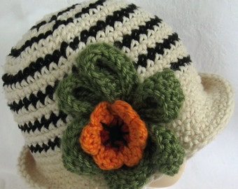 Baby Girls Crochet Hat Pattern Striped with Large Flower Trim Instant Download Multi-Sized Pattern