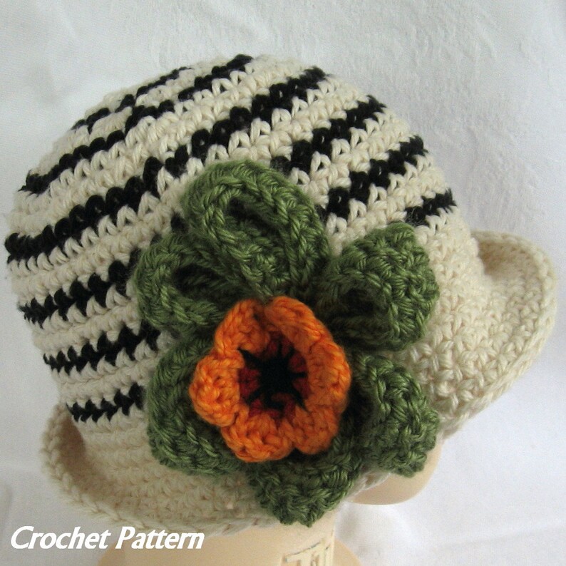 Baby Girls Crochet Hat Pattern Striped with Large Flower Trim Instant Download Multi-Sized Pattern image 1