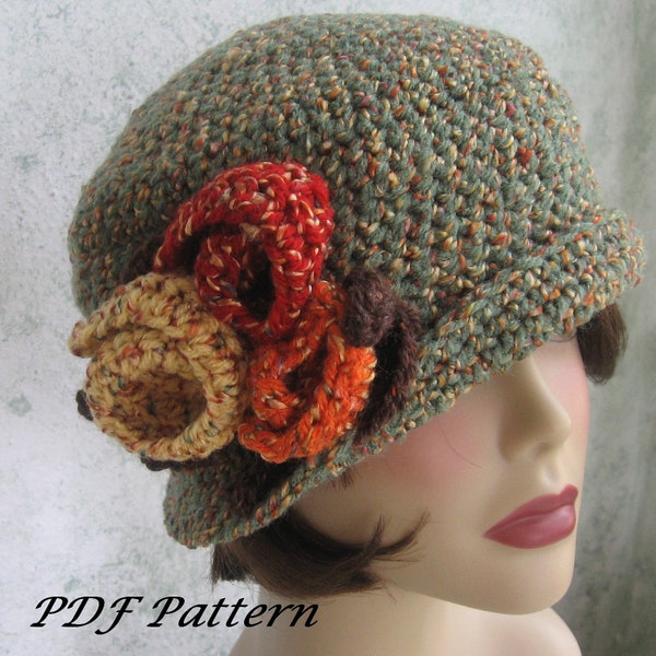Crochet Pattern Womens Flapper Hat Downton Abbey Style With Large Flower Trim  Instant download