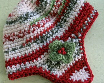 Baby Crochet Hat Pattern Christmas Colors With Holly Berry Trim Sizes Infant Thru 3 Years Instant Download