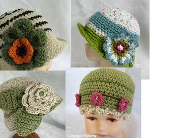 4 Crochet Baby Hat Patterns Brimmed With Flower Trim Instant Download Multi-Sized May Sell Finished