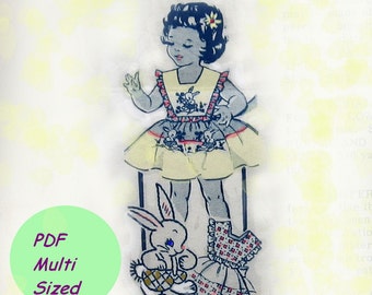 Vintage Girls Dress Pattern Pinafore With Bunny Embroidery Applique circa 1940s  PDF Toddlers Multi Sized 2, 4 or 6