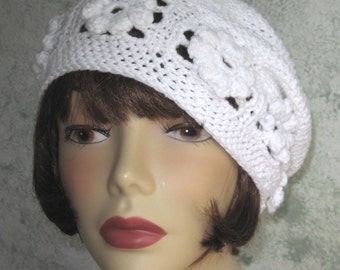 Crochet Hat Pattern Womens White Cotton Summer Beret With Flower Band Multi Sized Instant Download