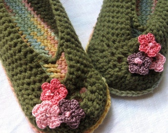 Crochet Slipper Pattern Womens Mary Jane House Slippers With Spring Flower Trim- 3 Sizes Easy To Make Instant Download