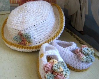 Baby Crochet Hat Mary Jane Slippers Pattern With Flower Trim PDF Easy To Make