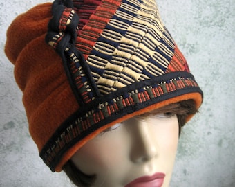 Womens Hat Pattern Bucket Style Hat With Close Fitted Brim Jacquard Weave And Rust Fleece Fabric Pattern In 2 Sizes 21-23 Instant Download