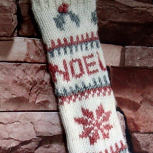 Hand  Knit Christmas Stocking Off White, Light Berry And Grey Colored Wool Blend Yarn- Snowflakes and Holly With Noel Monogram Ready To Ship