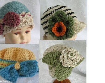 4 Crochet Baby Hat Patterns Brimmed With Flower Trim Beret And Cloche With Bow Trim Instant Download Multi-Sized Thru 3 Years