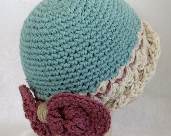 Baby Girls Crochet Cotton Hat With Large Bow Trim And Wide Brim Fits Babies 3-6 Months Ready To Ship