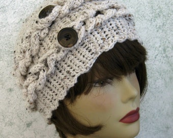 Womens Crochet Hat In Off White Tweed Yarn With Side Braiding And Button Trim Teen Thru Adult Sizing 21- 23 Inch