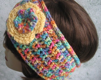 Crochet Pattern Womens Headband With Double Flower Trim Instant Download