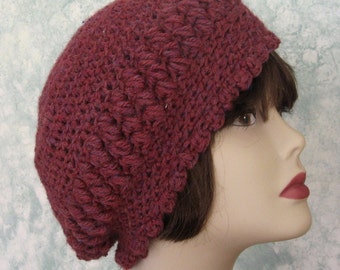 Womens Crochet Slouch Hat Bohemian Style Made of Soft Wool Plum Colored Heather Yarn Fits Head: 20 1/2- 22" Hair Loss Hat Ready To Ship