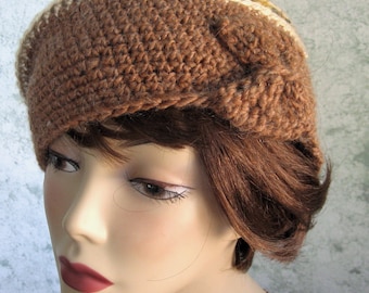 Womens Vintage Style Crochet Hat Beret With Colorful Band And Bow Trim. Coffee Colored Wool Yarn Head Size 22-23 1/2"