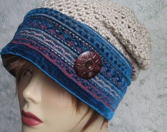 Womens Crochet Slouch Hat Pattern With Tapestry Brim Instant Download Adult Mulit-Sized