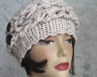 Womens Crochet Hat With Braid And Button Trim Off White Tweed Crochet Hat Winter Chemo Hair Loss Hat Fits Head Sizes 21- 23 Inch
