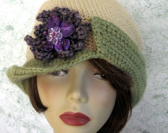 Womens Crochet Hat Pattern Cloche With Contrasting Split Brim And Yarn Brooch Trim Womens Chemo Hat Instant Download Head Size 21- 23 Inch