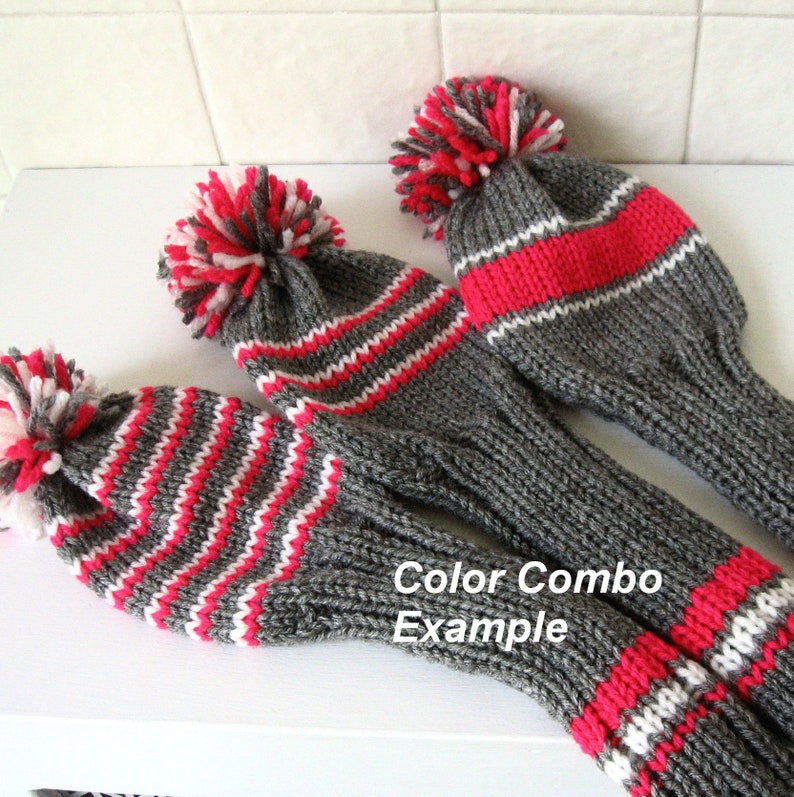 Hand Knit Golf Club Head Covers With Pom Poms Fits Driver Etsy Canada