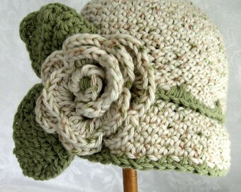 Baby Girl Crochet Hat Brimmed Summer Hat With Large Flower Trim Size Tweed Cotton Yarn With Moss Green Trim 3- 6 Months Ready To Ship