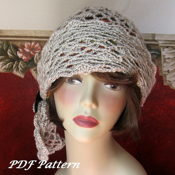 Crochet Pattern  Womens Flapper Hat Open Mesh Motiff With Draped Trim Instant Download