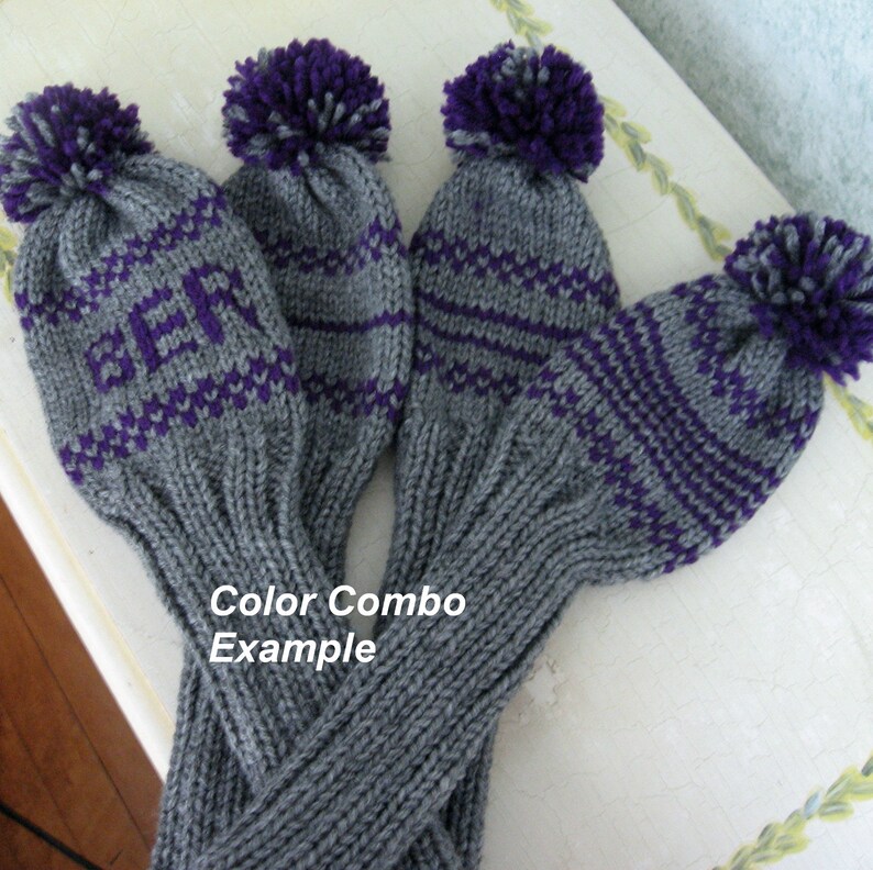Hand Knit Golf Club Head Covers With Pom Poms Fits Driver Etsy Canada