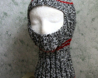 Hand knit Ski Mask Fits Men Or Women Black And White Yarn With Red Trim Easy Care Ready To Ship Sizes 21- 23.5 Inch